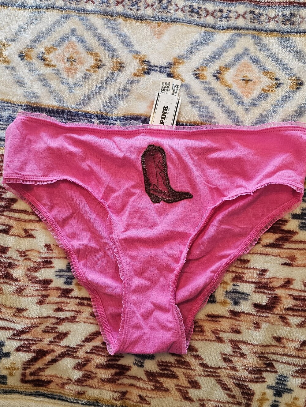 NWT VICTORIAS SECRET PINK Lace Cowboy Boot inlay Lace Trim Brief Panty Large